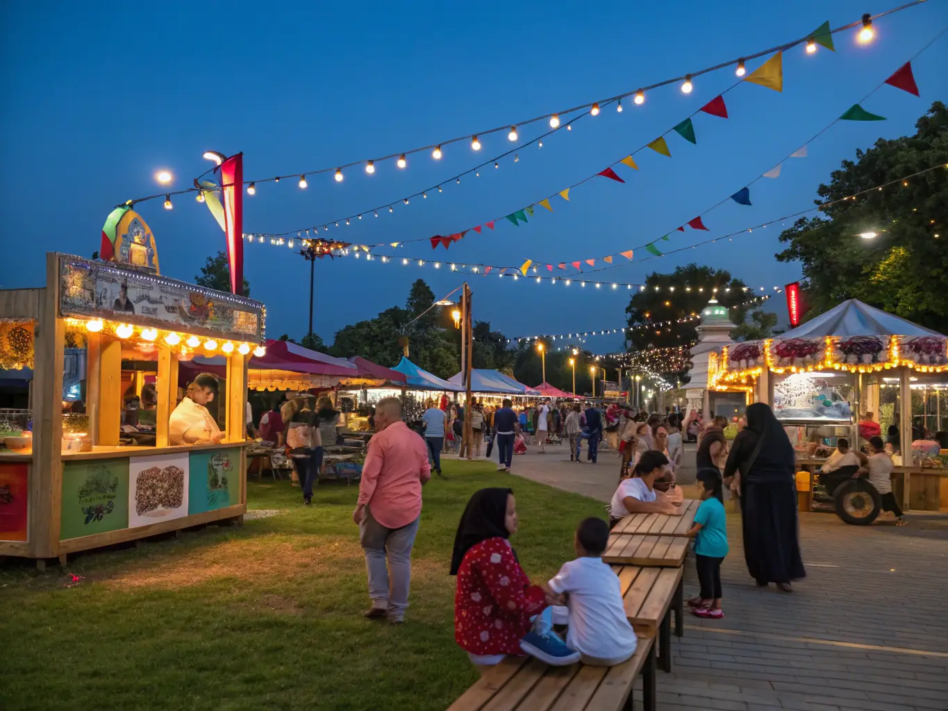A lively photograph capturing a community heritage festival at the Saint-Théodore church, featuring music, food stalls, and guided tours, with people of all ages participating.