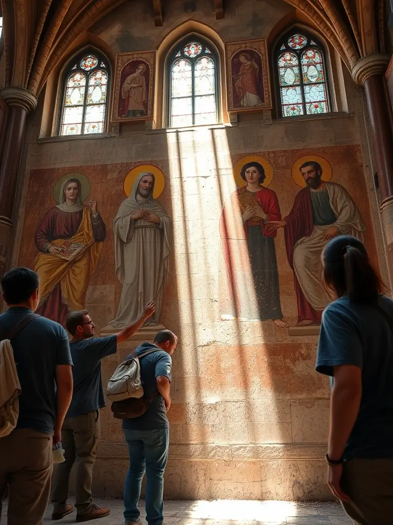 A photograph of volunteers working together on a restoration project inside the Saint-Théodore church, showcasing the collaborative effort and community involvement in preserving the heritage site.