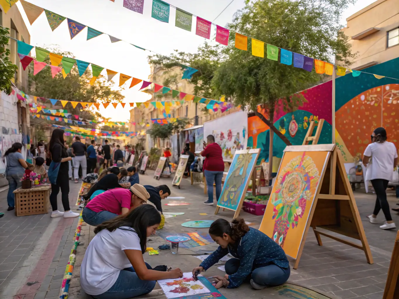 A vibrant image showing community members participating in a heritage festival held in the square outside the Saint-Theodore church, featuring traditional music and local crafts.
