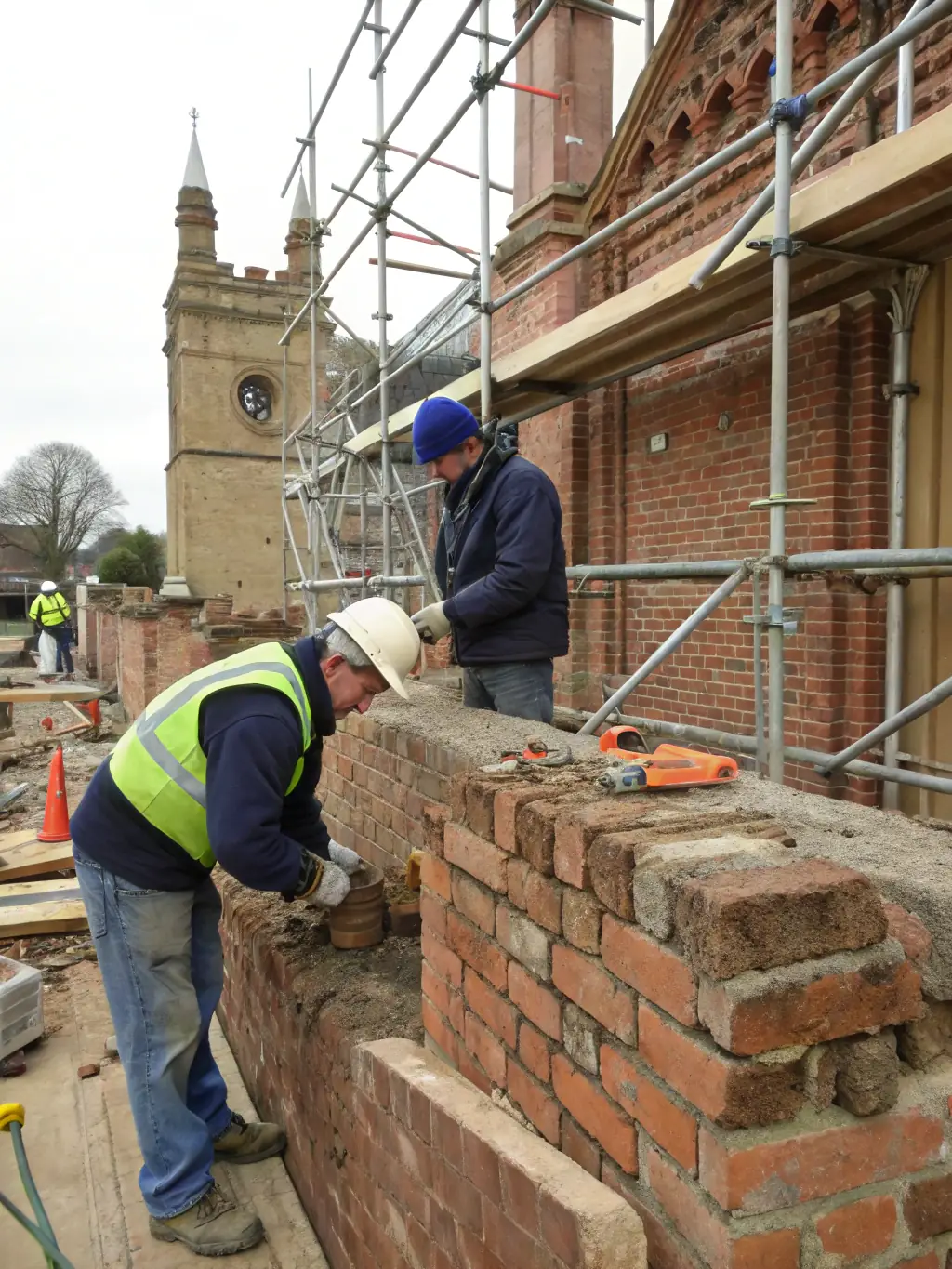 A photograph capturing the intricate details of the Saint-Théodore church's facade during a heritage restoration project, showcasing the meticulous work and dedication involved in preserving its historical architecture.