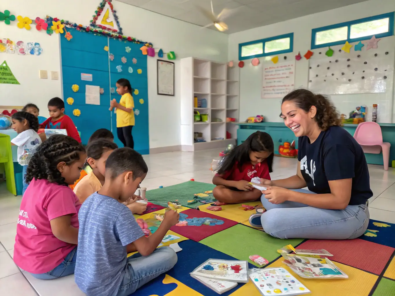 A vibrant image depicting children participating in an educational workshop at the Saint-Théodore church, learning about architectural details and historical significance, with instructors guiding them.